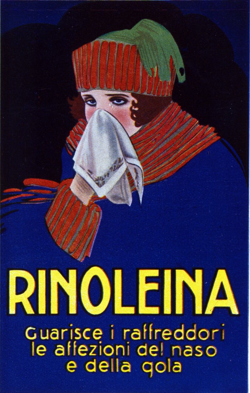 Rinoleina-lääkkeen mainonta vilustumista, kurkkukipua ja yskää vastaan. Lucien Achille Mauzanin (1883 - 1952) kuvitus. tekijältä Luciano Achille Mauzan