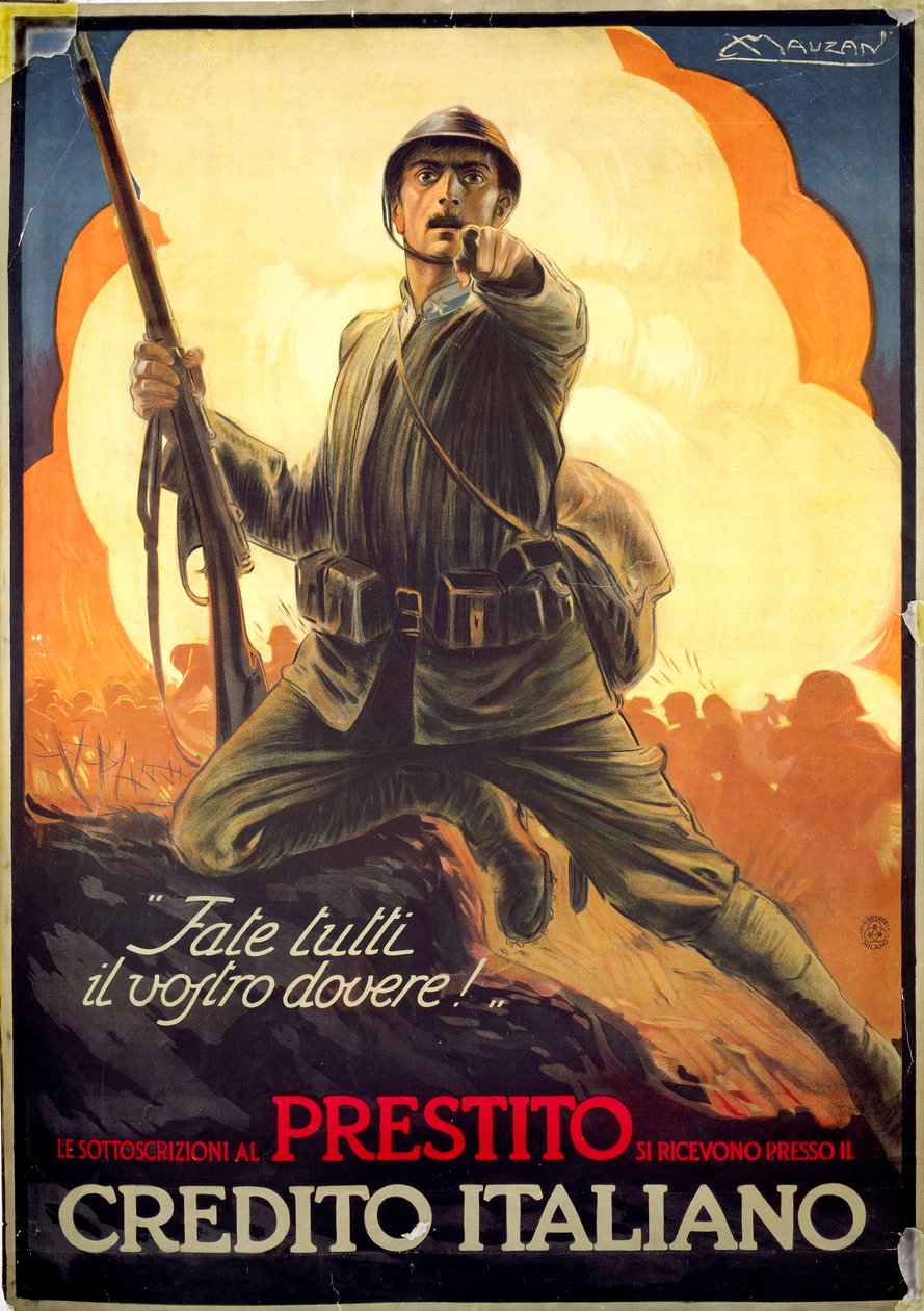 Cartaz italiano de propaganda da Primeira Guerra Mundial anunciando títulos de guerra finlandeses tekijältä Luciano Achille Mauzan