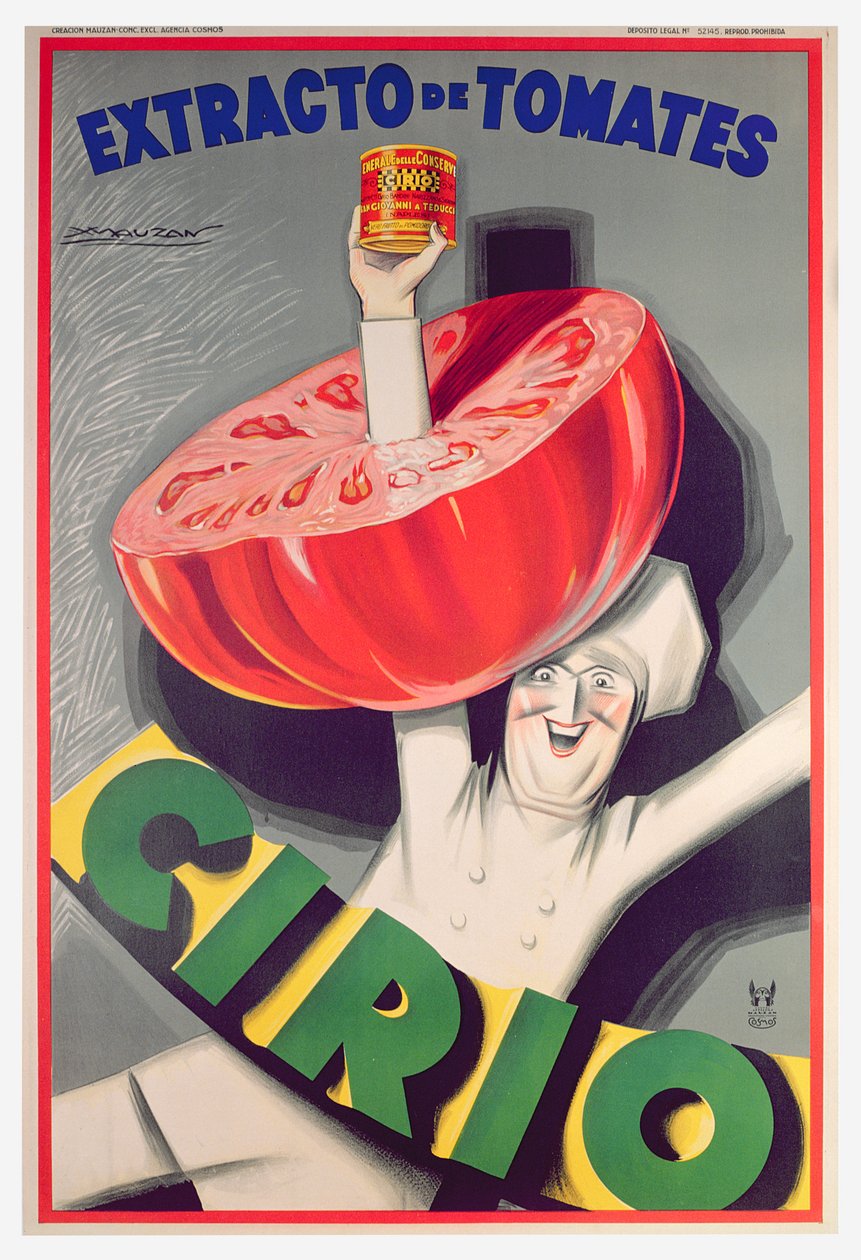Juliste "Cirio" säilöttyjä tomaatteja (väri litho) tekijältä Luciano Achille Mauzan