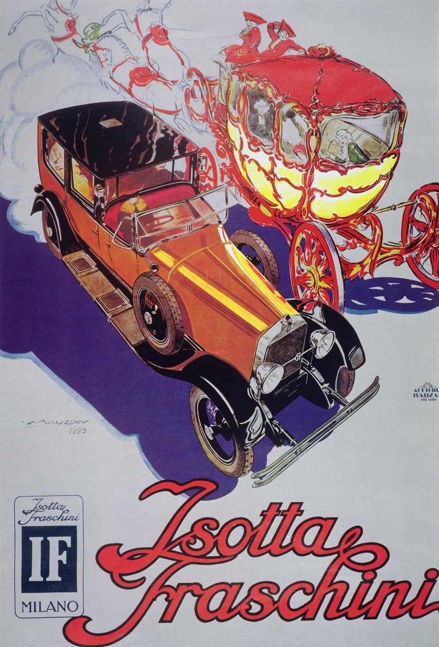 Isotta Fraschini -autojen mainosjuliste tekijältä Luciano Achille Mauzan