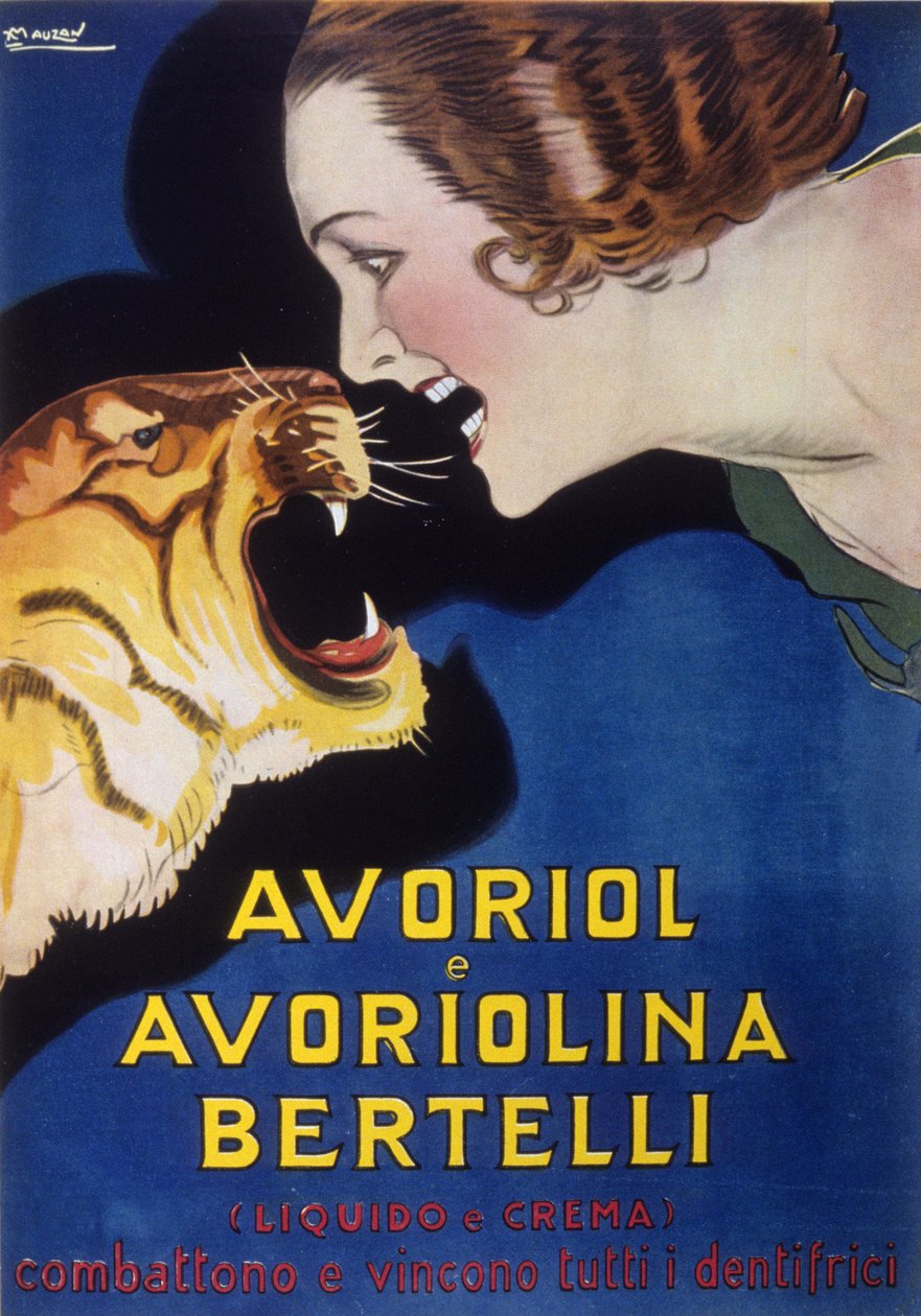 Hammastahna Avoriol ja Avoriolina Bertelli (mainonta 1920-1930-luvuilla). Lucien Achille Mauzanin (1883 - 1952) kuvitus. tekijältä Luciano Achille Mauzan