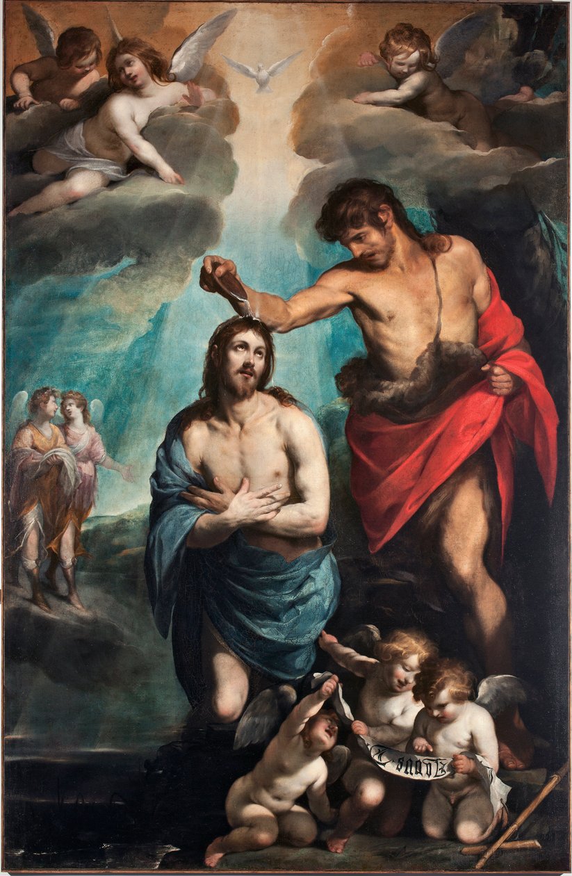 Kristuksen kaste Pyhän Hengen kyyhkynen (Pyhä Henki) Jeesuksen Kristuksen yläpuolella (Jeesuksen kaste) Luciano Borzonen (1590-1645) maalaus 1600-luvulta Genes, Musei di Strada Nuova (ex Palazzo Bianco) Italia tekijältä Luciano Borzone