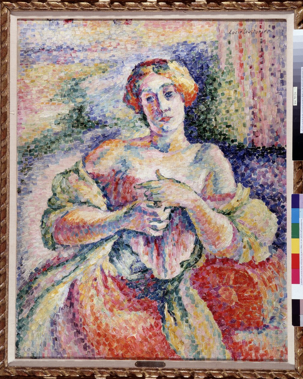 Nainen vaaleanpunainen ja sininen Nuori elegante denudees olkapää. Lucie Cousturierin (1870-1925) maalaus 1908 Dim. 93x73 cm Pakollinen maininta: Collection fondation regards de Provence, Marseille tekijältä Lucie Cousturier