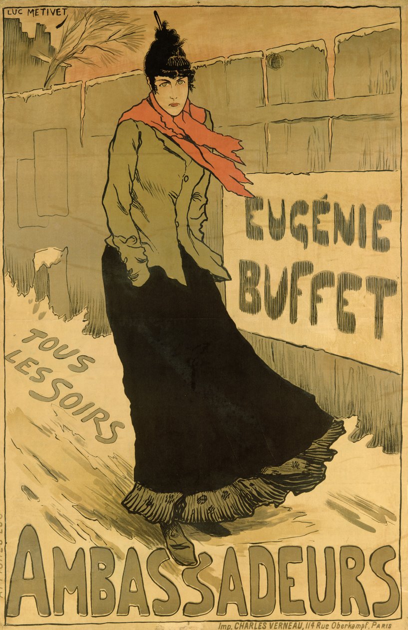 Jäljennös julisteesta, jossa mainostetaan "Eugenie Buffet", Pariisin Ambassadeursissa, 1893 tekijältä Lucien Metivet