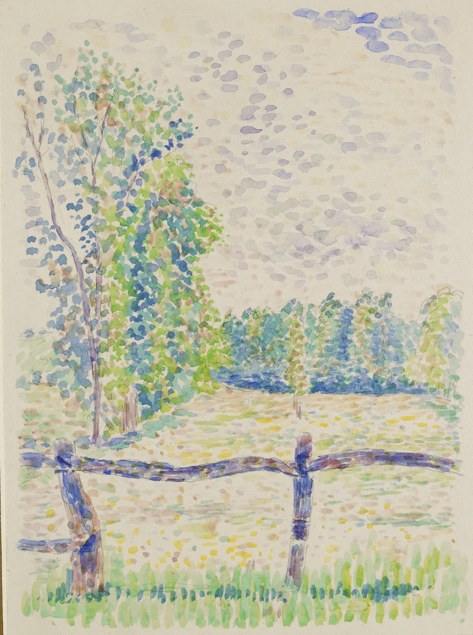 La Barrière, Eragny Meadows, n. 1886 (akvarelli grafiitin päällä valkoisella paperilla) tekijältä Lucien Pissarro