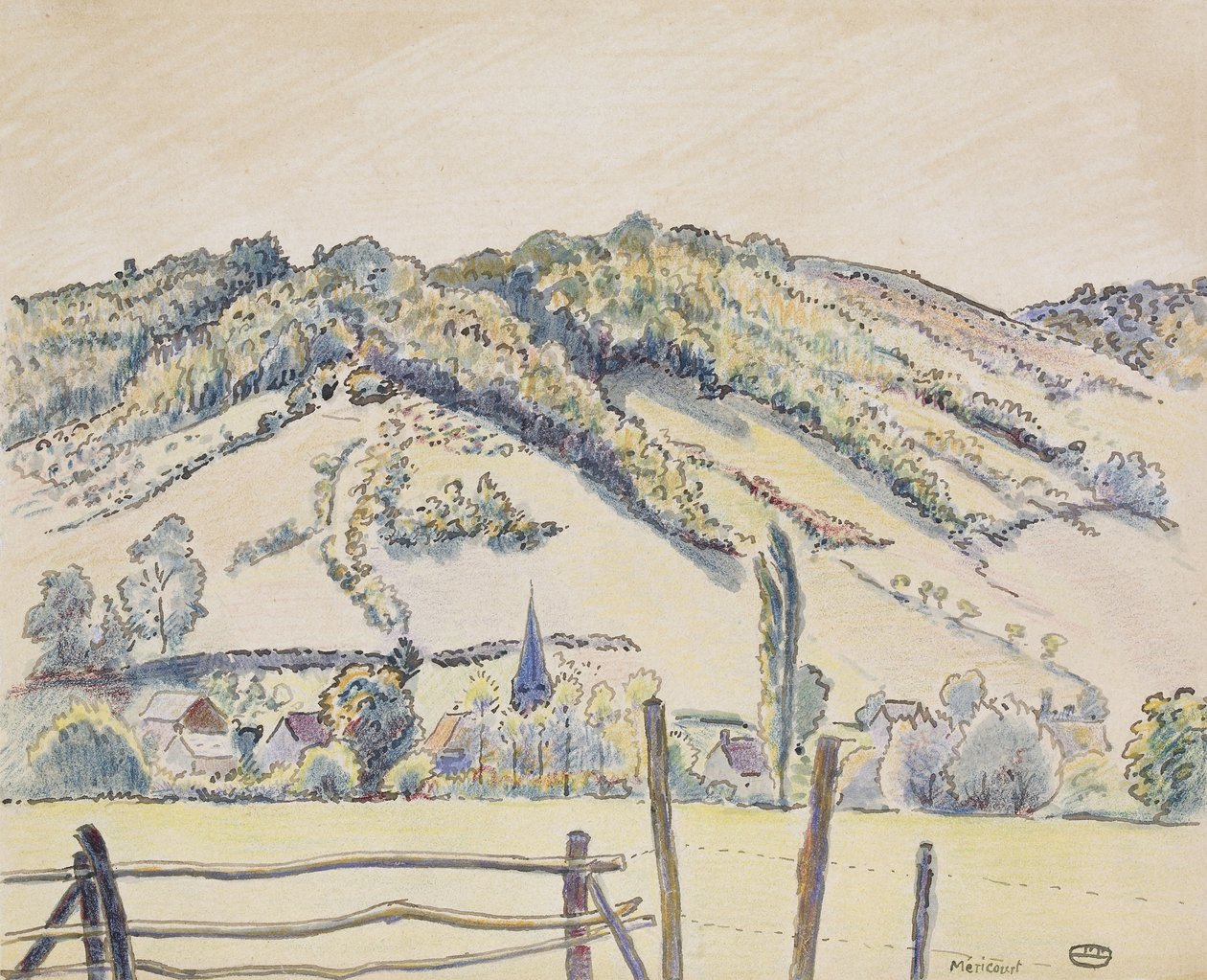 Méricourt, 1919 (kynä ja muste ja värilliset liidut valkoisella paperilla) tekijältä Lucien Pissarro