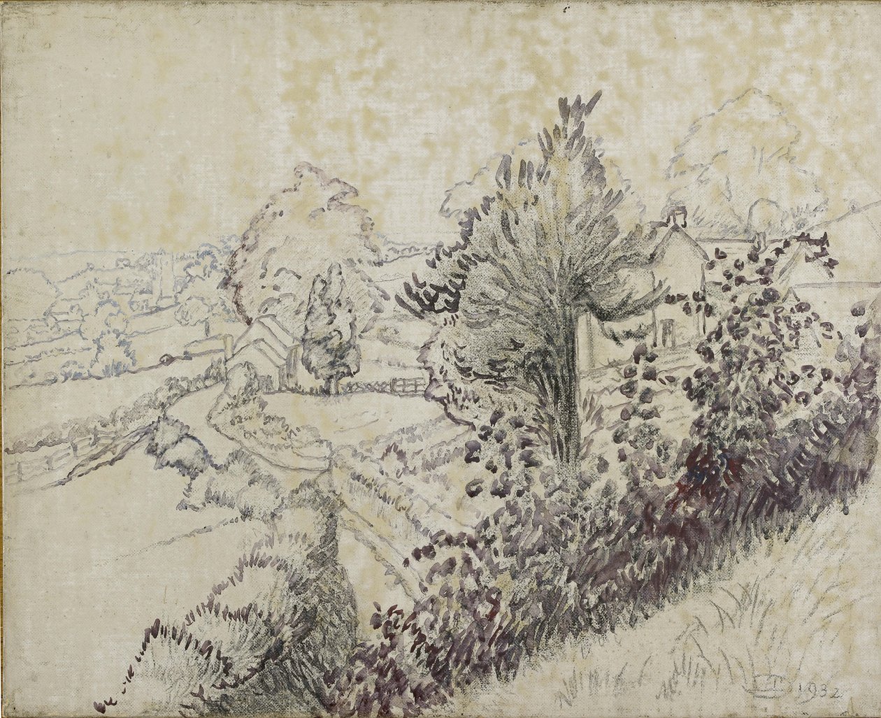 Näkymä Leintwardinen, 1932 (musta liitu ja öljypesu kankaalle asetettuna alukselle) tekijältä Lucien Pissarro