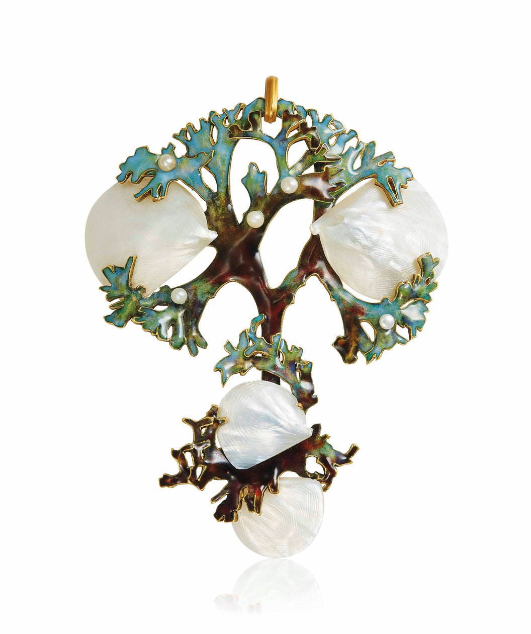 Art Nouveau -helmiäis-, emali- ja siemenhelmiriipus, n. 1900 tekijältä Lucien Gaillard