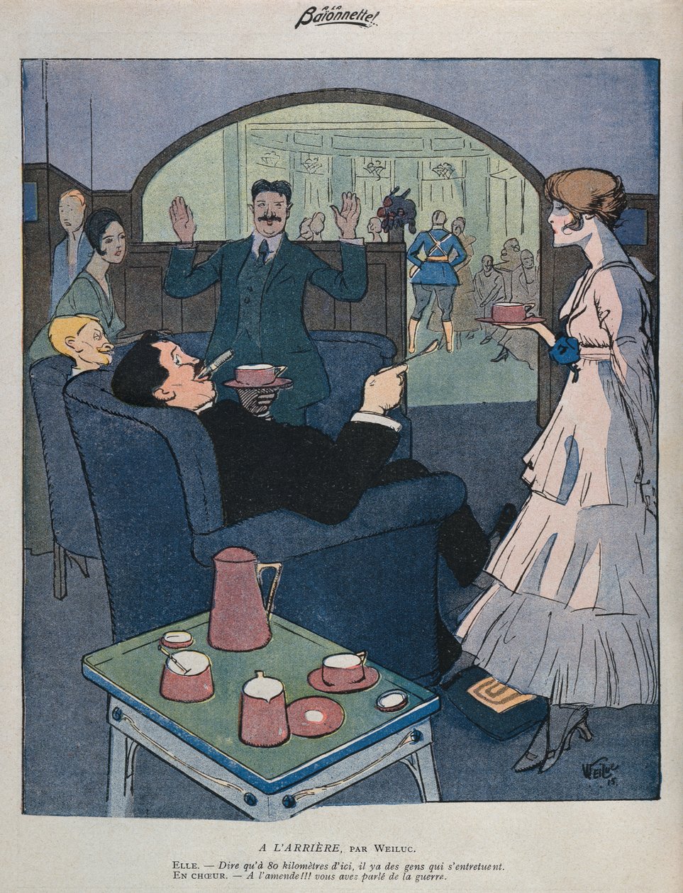 Kodin edessä, kuvitus teoksesta "La Baionnette", 2. syyskuuta 1915 (värilitho) tekijältä Lucien Henri Weiluc