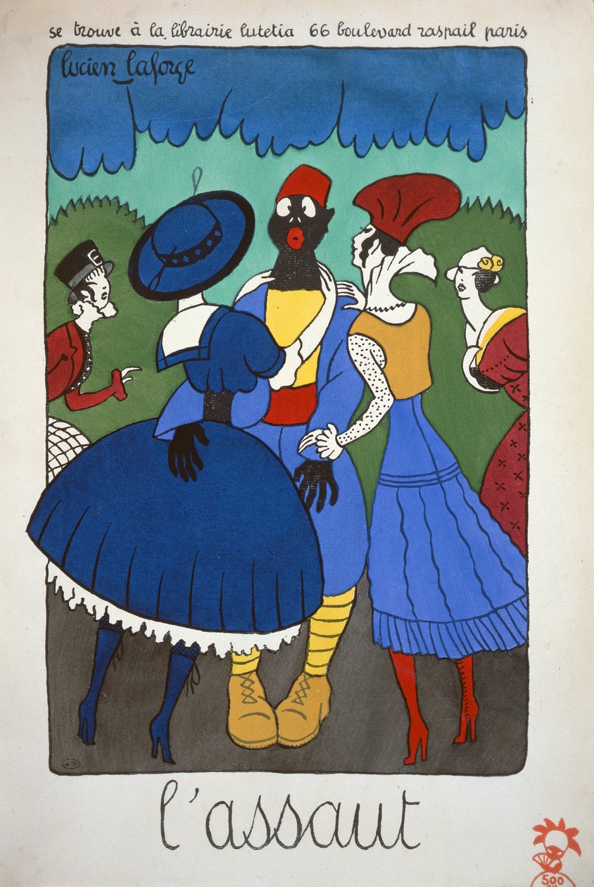 Vapaalla oleva sotilas joutuu naisten "hyökkäyksen kohteeksi". 1915 (väri litho) tekijältä Lucien Laforge