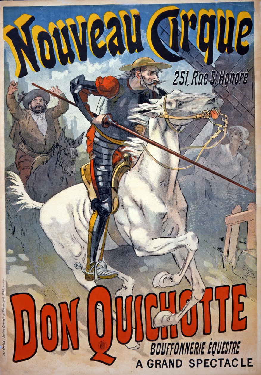 "Nouveau Cirque" -mainos, jossa mukana "Don Quichotte, Bouffonnerie équestre", pubi. 1892 (väri litho) tekijältä Lucien Lefevre