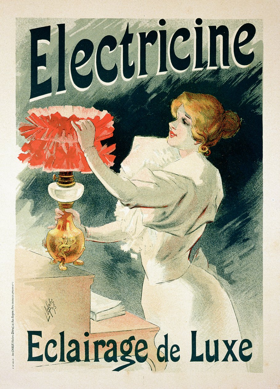 Jäljennös julisteesta, jossa mainostetaan "Electricine" Luxury Lighting -valoa tekijältä Lucien Lefevre