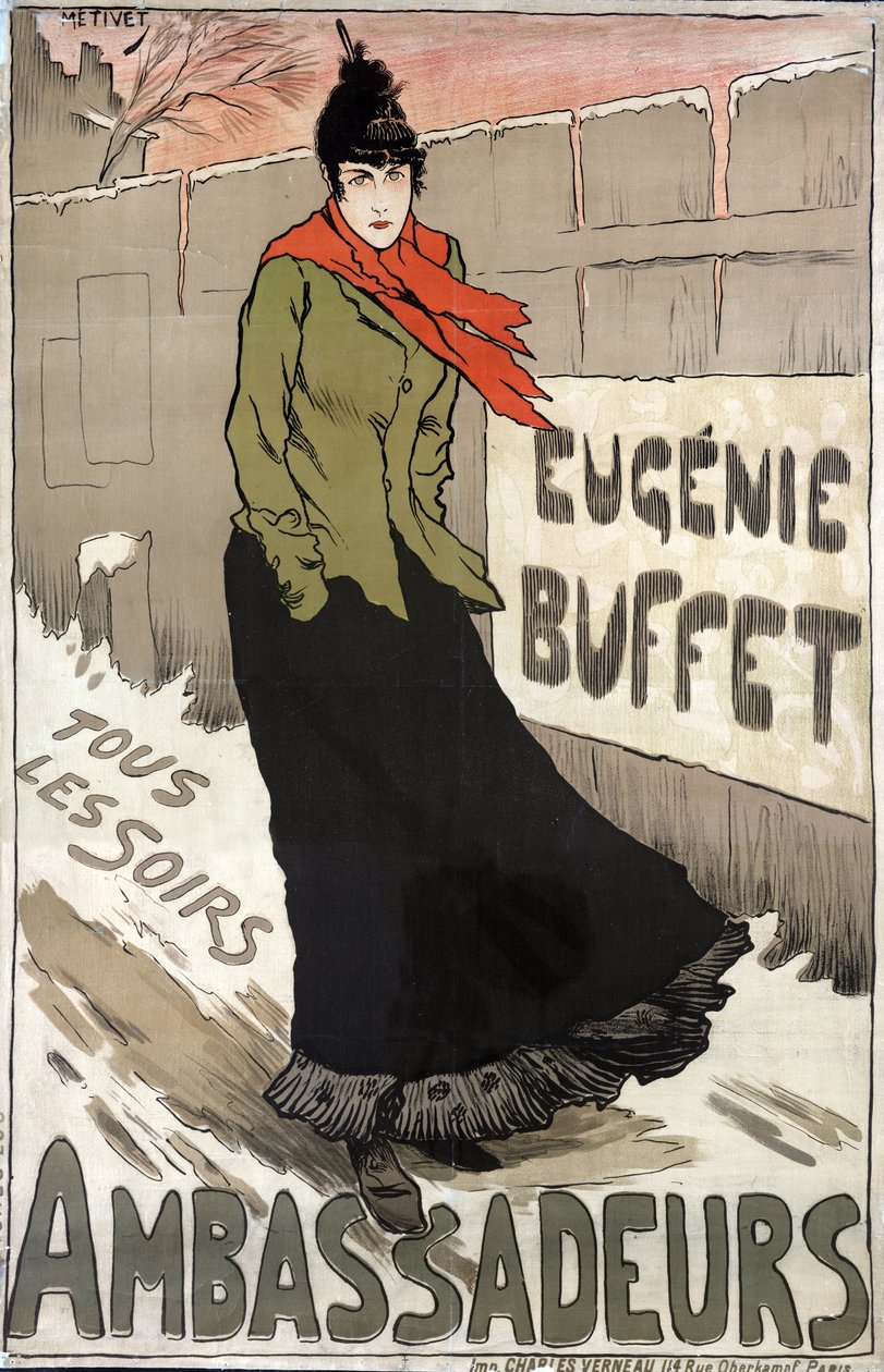 Eugenie Buffet (1866-1934), ranskalainen suosittu laulaja joka ilta Ambassadeurissa tekijältä Lucien Metivet