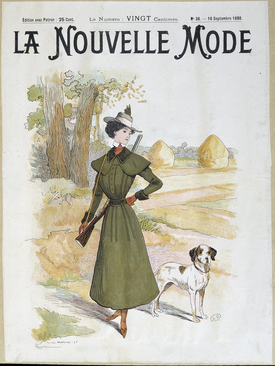 Nainen metsästysasuissa kivääri yllään - "" La Nouvelle Mode" -tilassa syyskuusta 1898 tekijältä Lucien Metivet