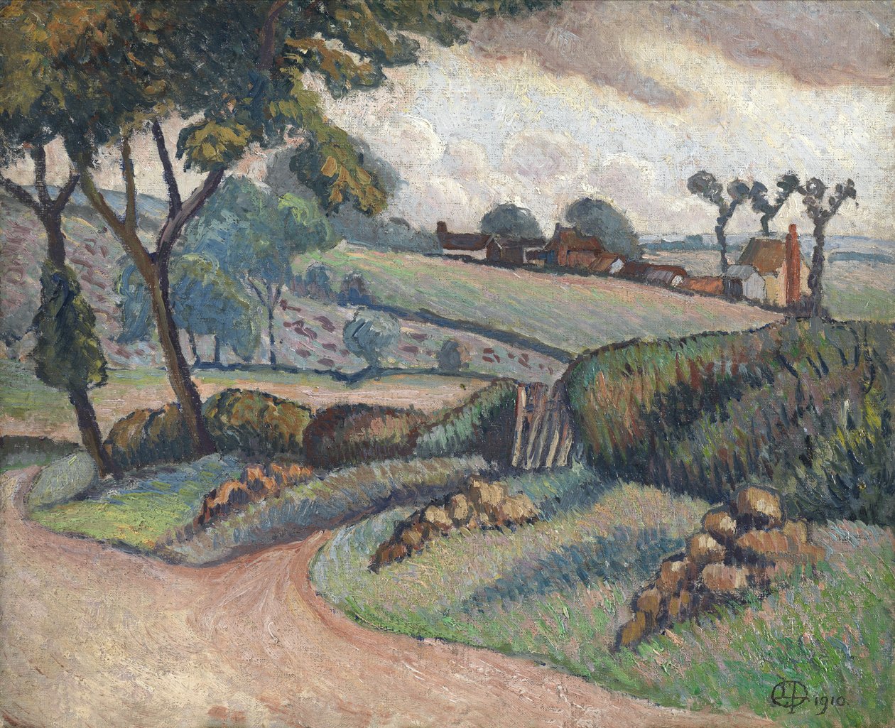 Duton Hill, Essex, 1910 (öljy kankaalle asetettu alukselle) tekijältä Lucien Pissarro