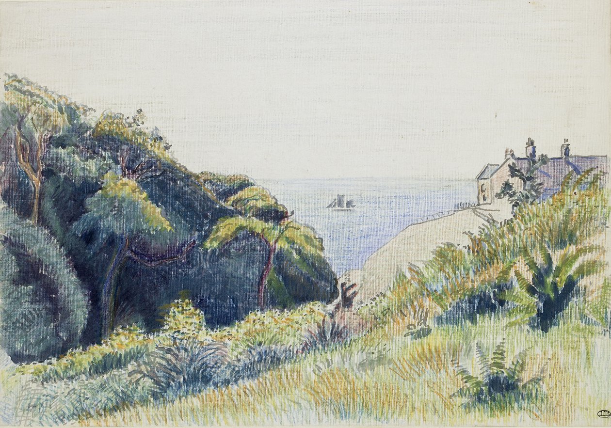 The Coastguards House, Ecclesbourne, 1918 (kynä ja harmaa muste ja värilliset värikynät teksturoidulla paperilla) tekijältä Lucien Pissarro