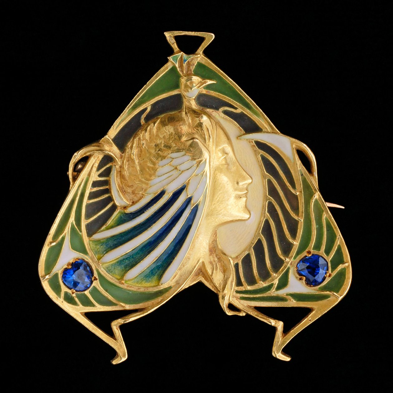 Rintakoru-riipus, n. 1900 (kulta ja plique à jour emali safiireilla) tekijältä Lucien or Léopold Gautrait