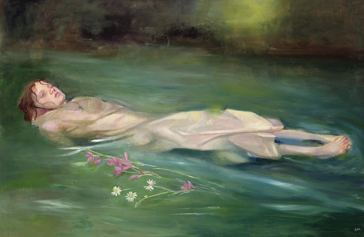 Tyttö ajelehtimassa, 2004 (öljy kartongille) tekijältä Lucinda Arundell