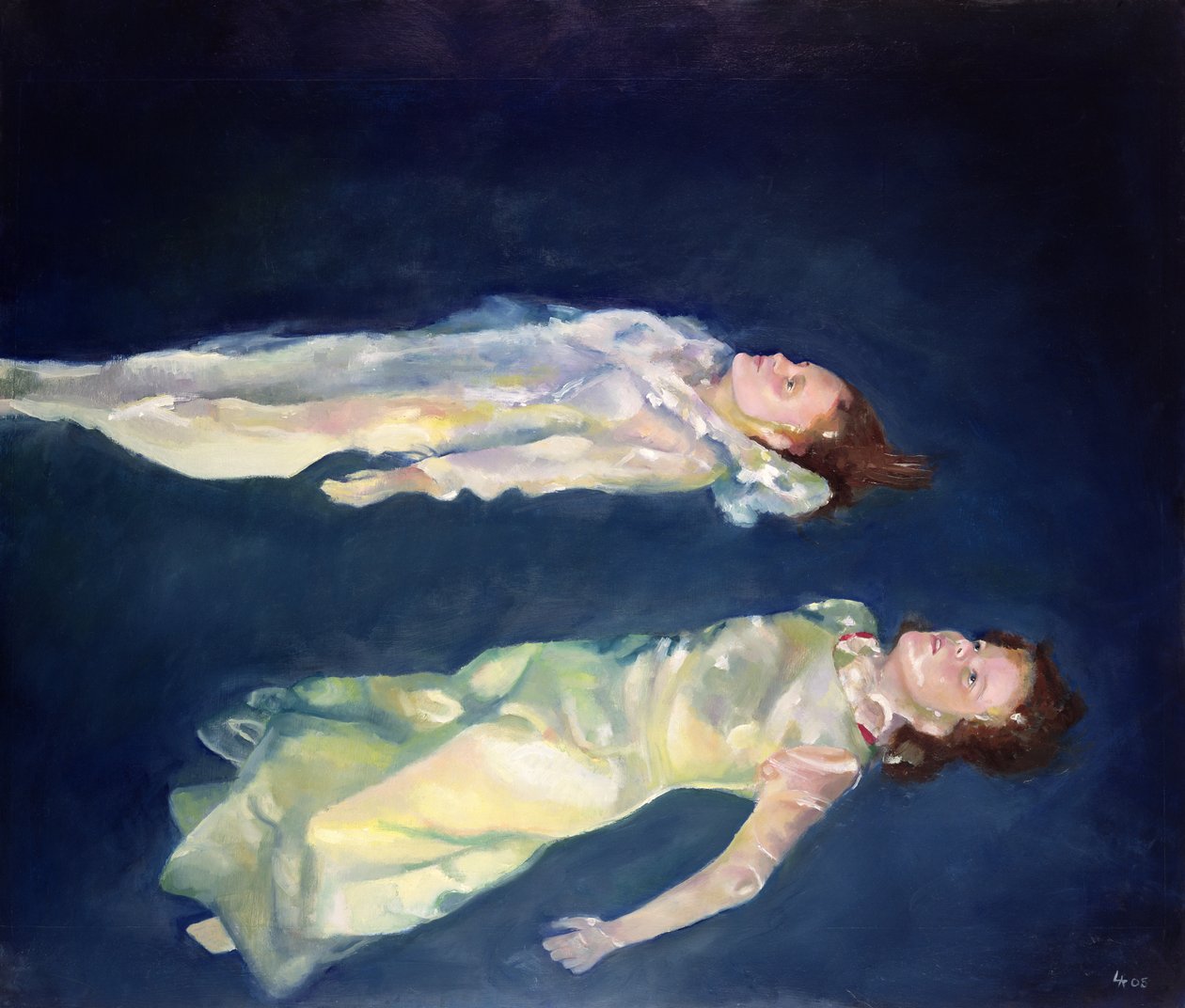 Kaksi tyttöä kellumassa, 2004 (öljy laudalle) tekijältä Lucinda Arundell