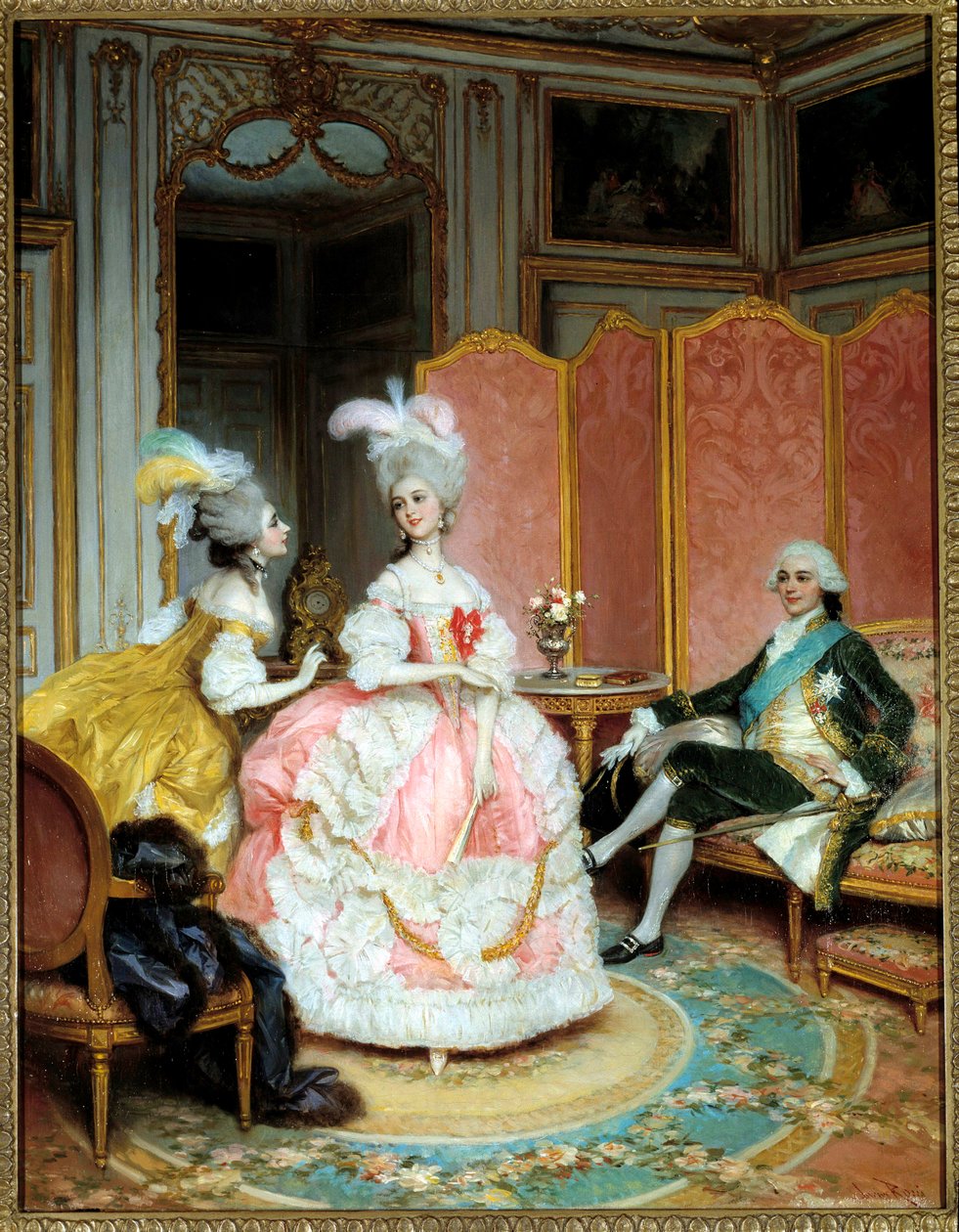 Prostituutio: "" Kaunis kurtisaani"" Nuori nainen esiteltiin herrasmiehelle yksityisessä salongissa 1700-luvulla matchmakerin kautta. Lucius Rossin (1846-1913) maalaus tekijältä Lucius Rossi