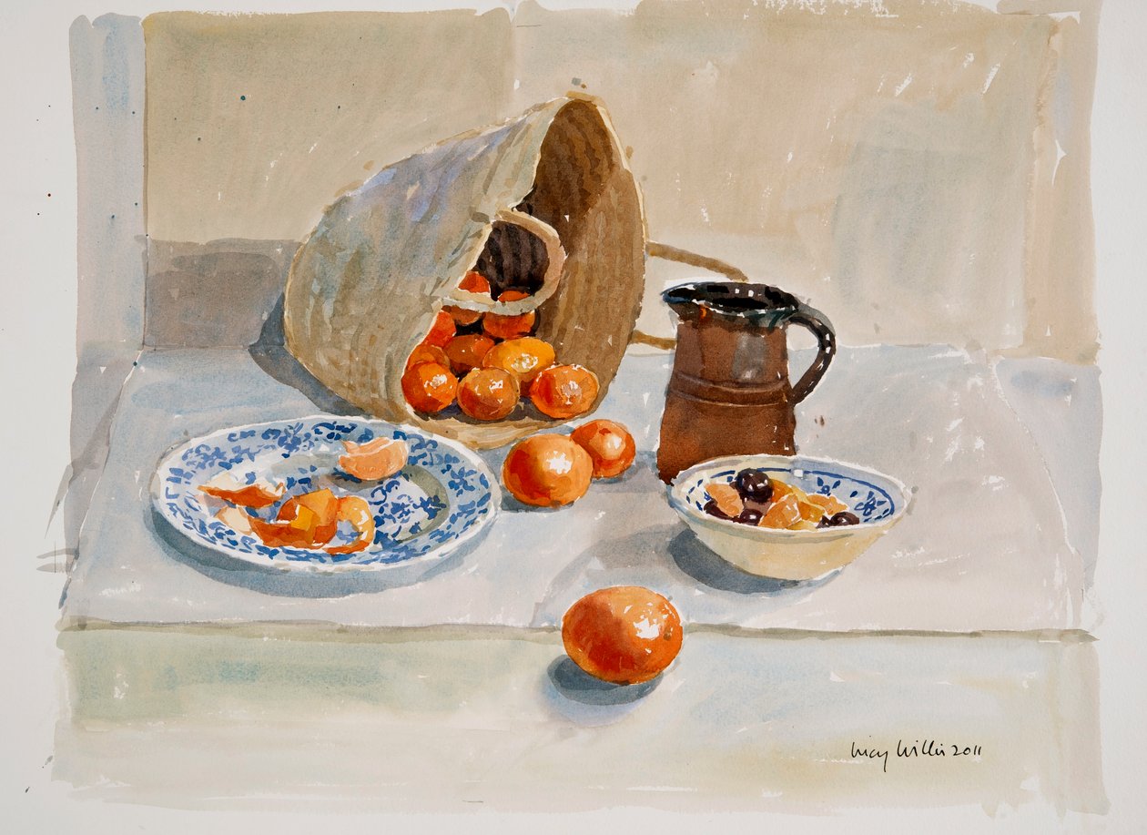 Appelsiinit ja liuotuskannu, 2011 (wc paperilla) tekijältä Lucy Willis