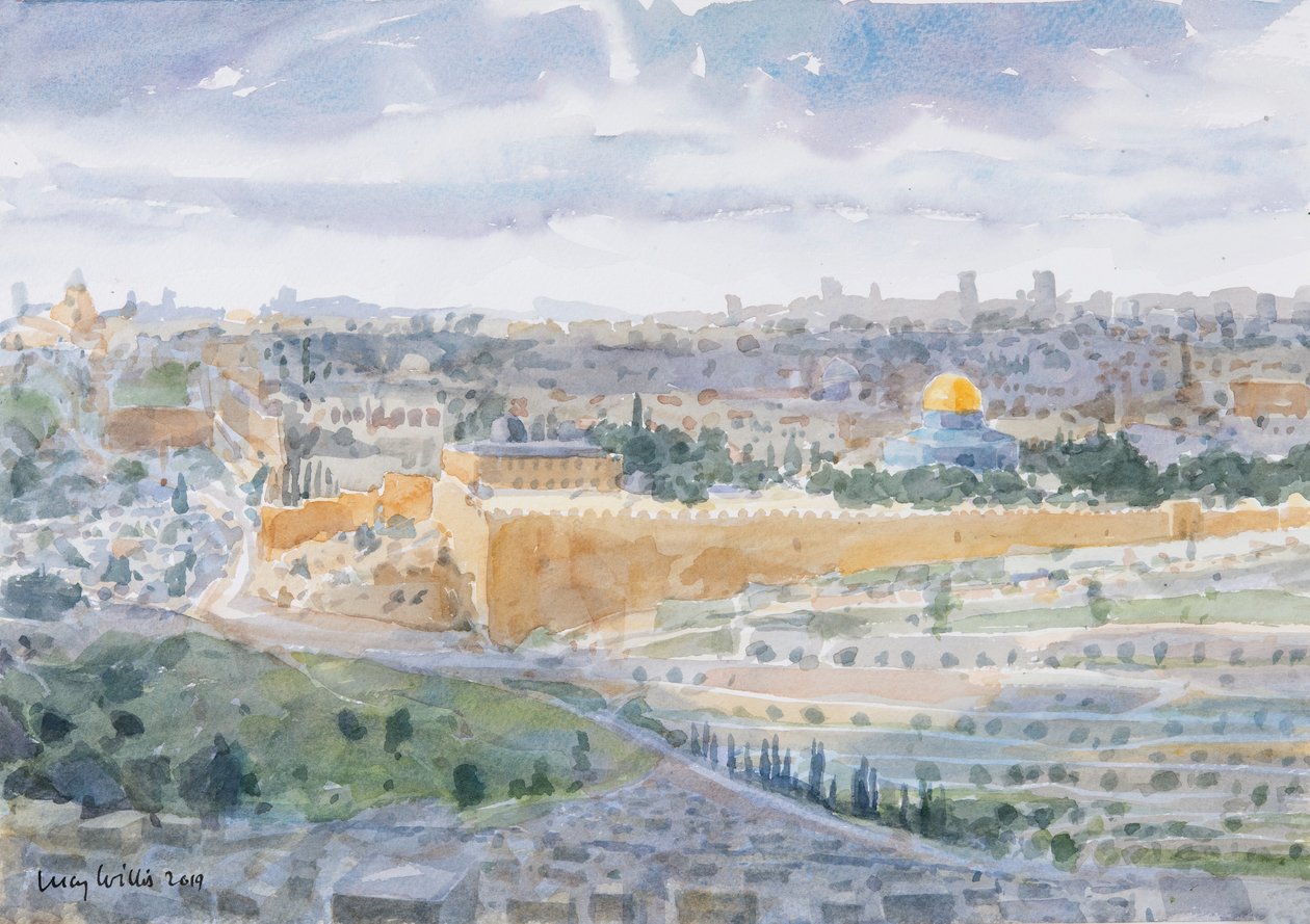 Jerusalem Öljymäeltä, 2019 (w/c paperilla) tekijältä Lucy Willis