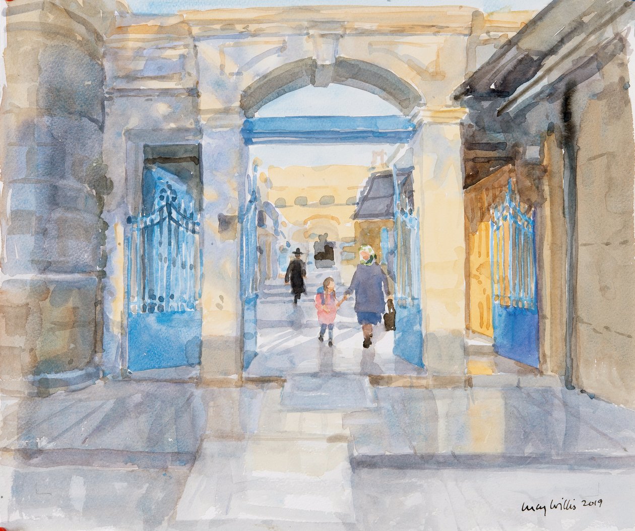Aamu Jerusalemissa, 2019 (akvarelli paperille) tekijältä Lucy Willis