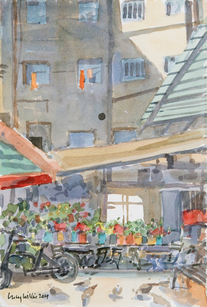 Orange Dusters Drying, Mahane Yehuda, Jerusalem, 2019 (w/c paperilla) tekijältä Lucy Willis