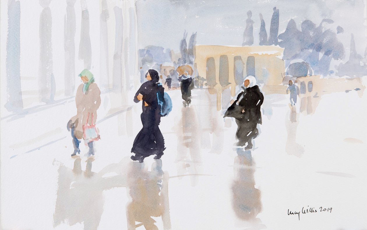 Pyhiinvaeltajat Temppelivuorella, Jerusalem, 2019 (w/c paperilla) tekijältä Lucy Willis
