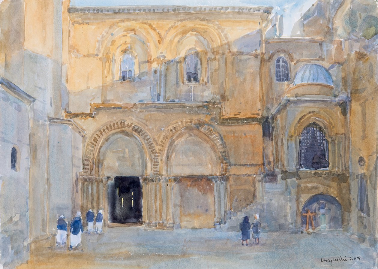 Pyhän haudan kirkko aamunkoitteessa, Jerusalemissa, 2019 (w/c paperilla) tekijältä Lucy Willis