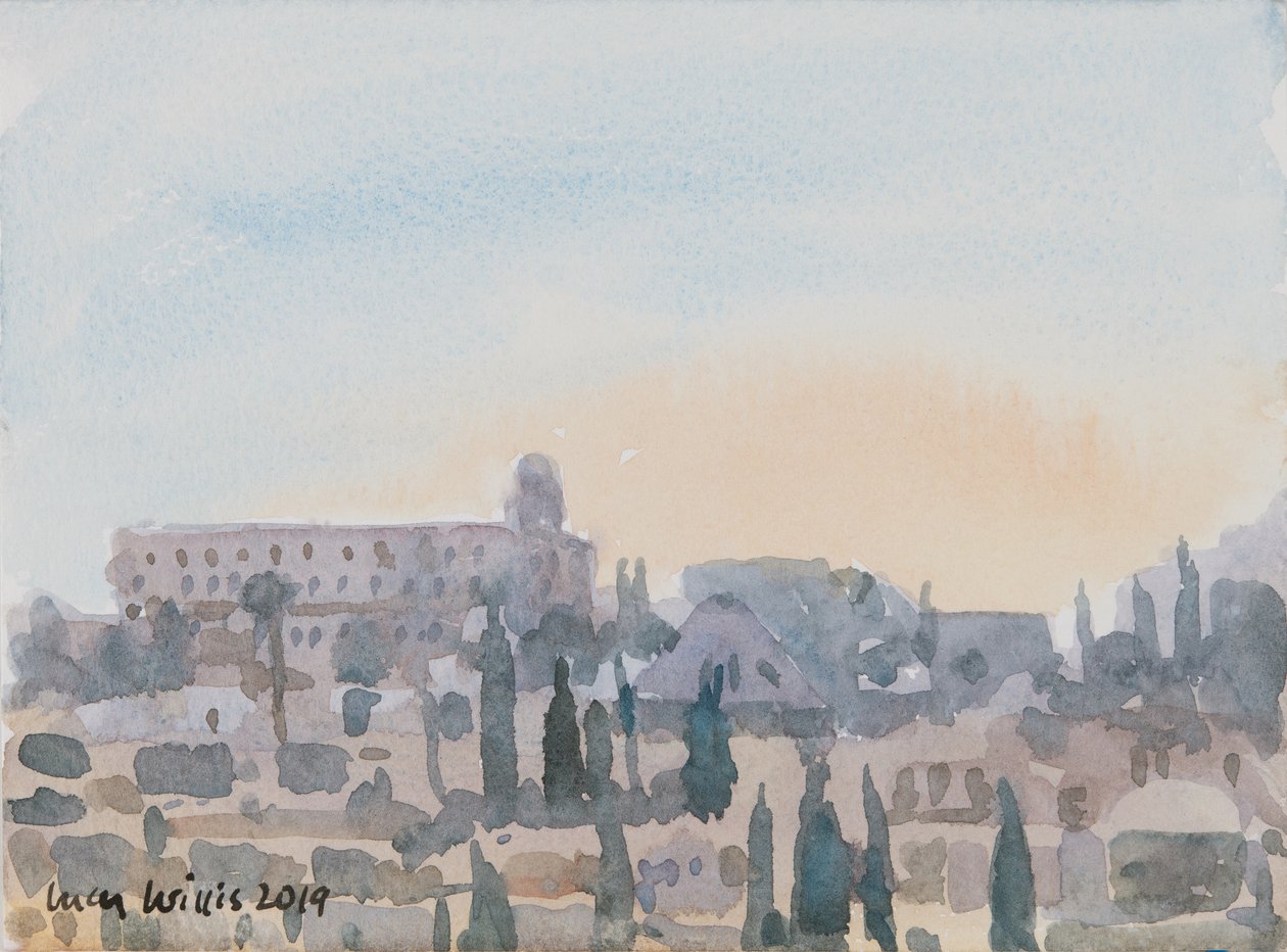 The King David Hotel, Sunset, Jerusalem, 2019 (w/c paperilla) tekijältä Lucy Willis