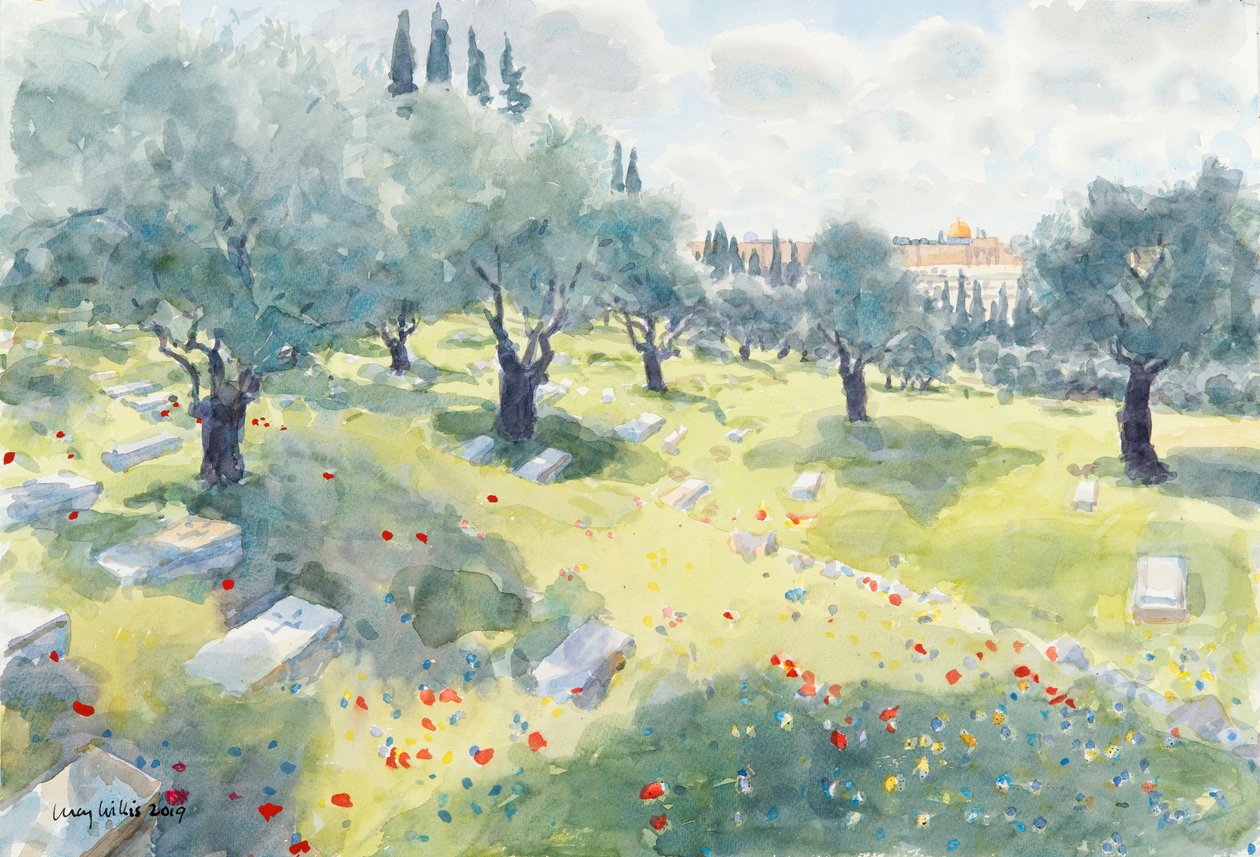 The Olive Grove (Temple Mount from The Kidron Valley, Jerusalem), 2019 (w/c paperilla) tekijältä Lucy Willis