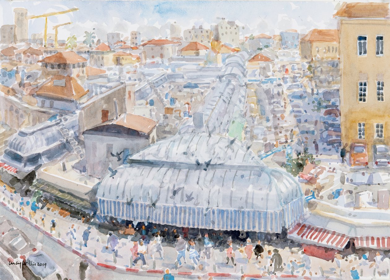 Näkymä parvekkeelta, Mahane Yehuda, Jerusalem, 2019 (w/c paperilla) tekijältä Lucy Willis