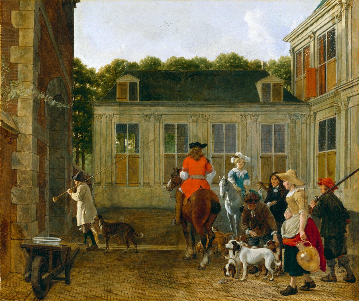 Metsästysjuhlat maalaistalon pihalla, n.1665 tekijältä Ludolf de Jongh