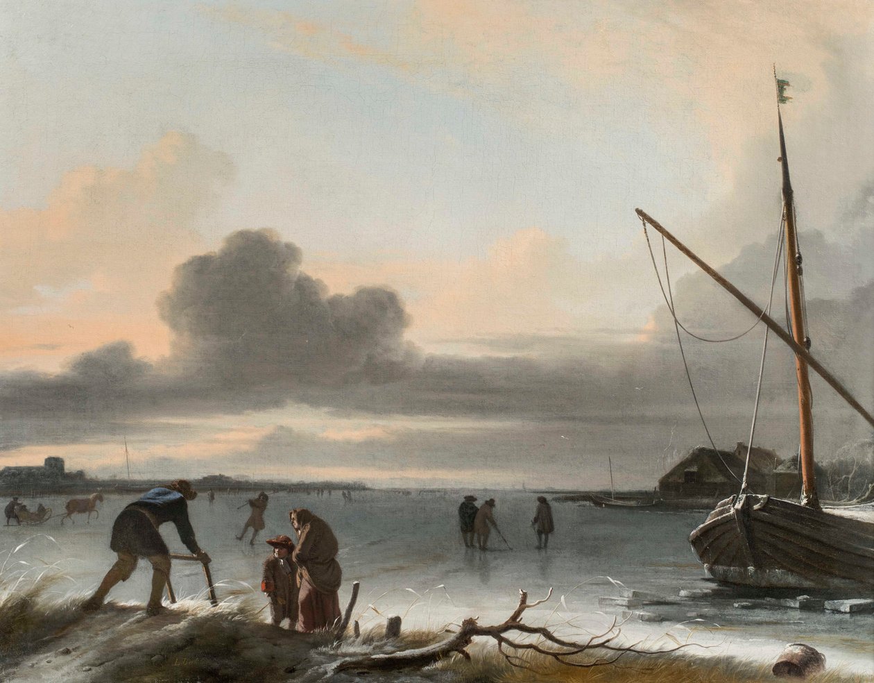Talvimaisema rekien, luistelijoiden ja golfaajien kanssa jäätyneellä järvellä tekijältä Ludolf Backhuysen