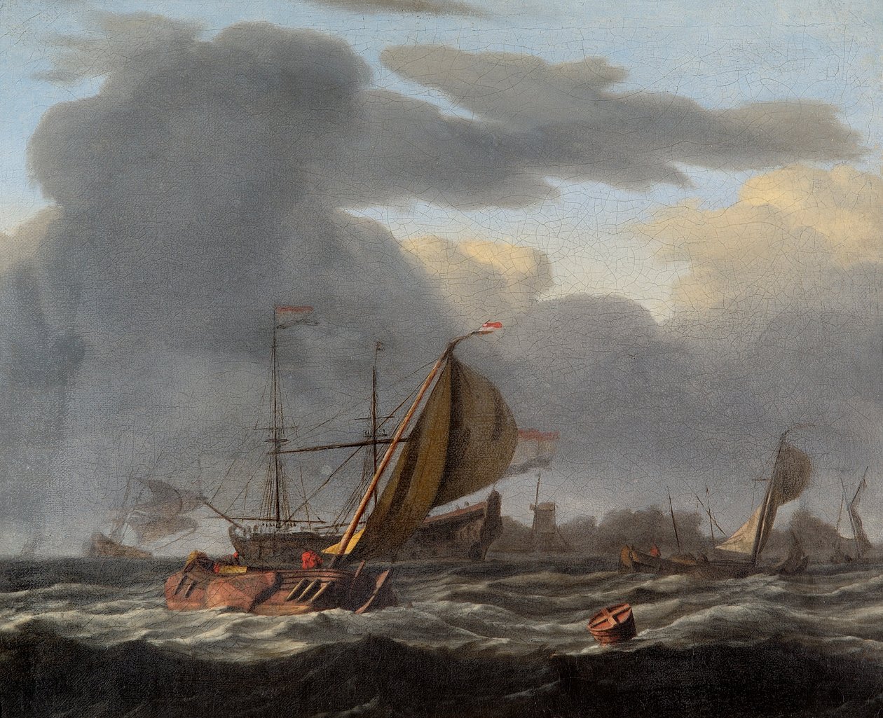 "Sotalaiva ankkurissa kovassa meressä", c1660-c1708 tekijältä Ludolf Backhuysen I
