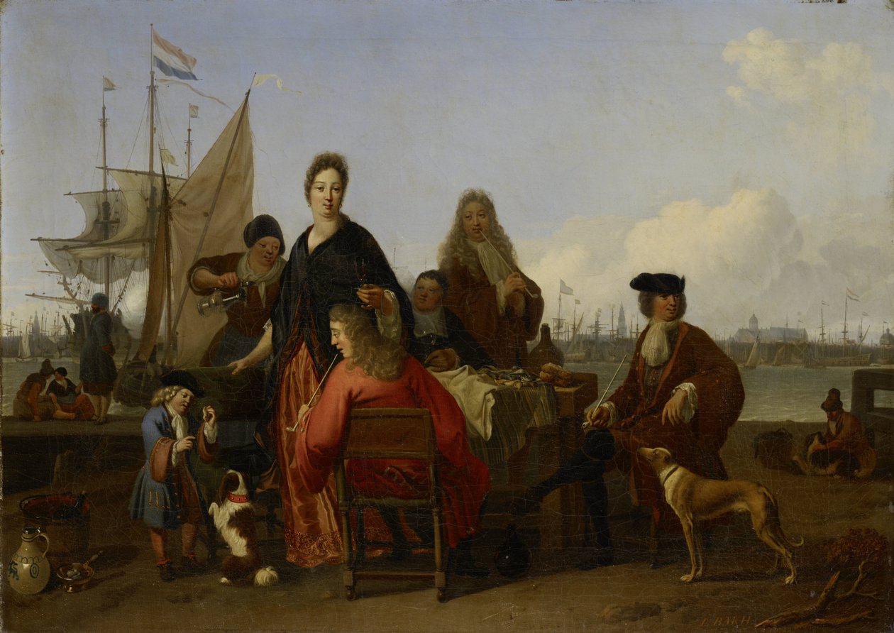 Bakhuysen- ja de Hooghe-perheet ruokailevat Mosselsteigerissä (sinisimpukkalaiturilla) Y-tien varrella, Amsterdam tekijältä Ludolf Bakhuysen (signed by artist)