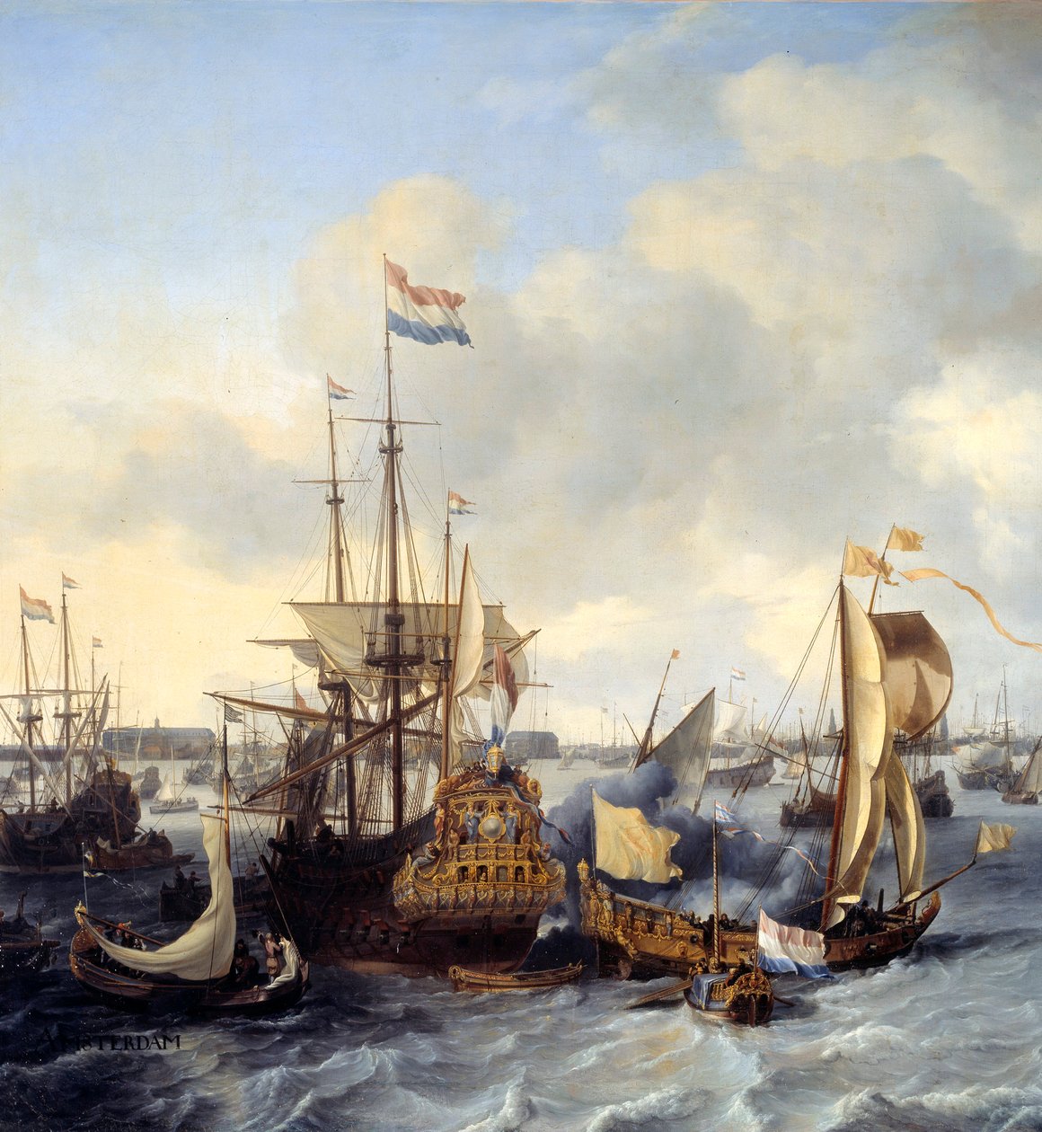 Näkymä Amsterdamin satamaan In Detailista. Ludolf Backhuysenin (1631-1708) maalaus 1666 su. 1,28x2,21 m tekijältä Ludolf I Backhuysen