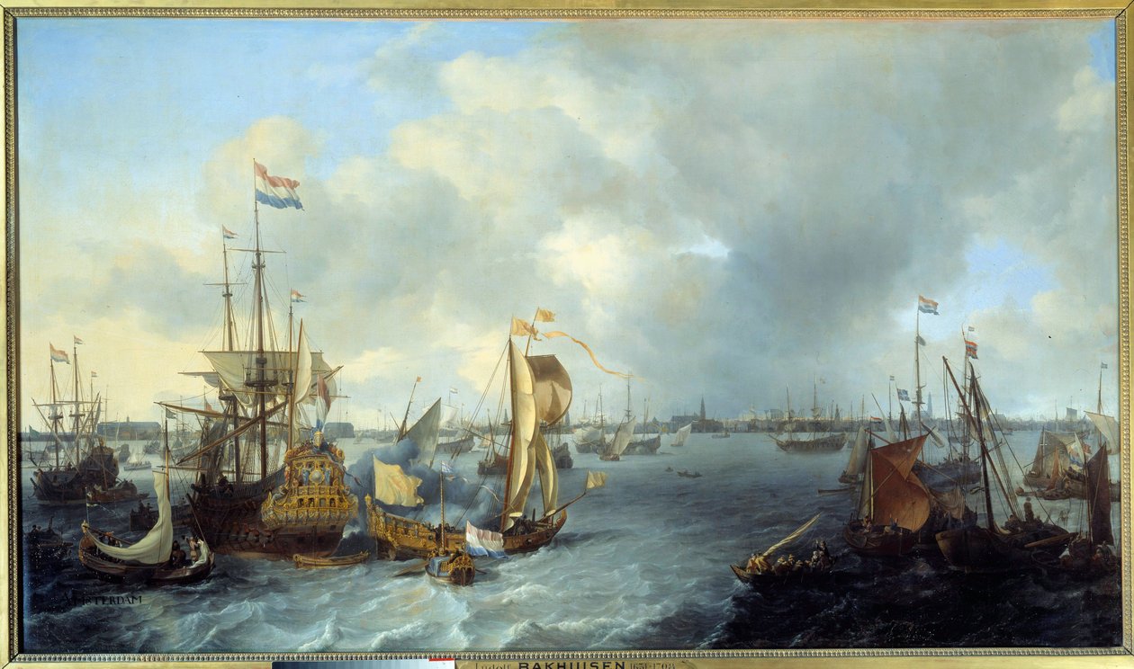 Näkymä Amsterdamin satamaan Ludolf Backhuyzenin (1631-1708) Ij-maalauksesta 1666 su. 1,28x2,21 m tekijältä Ludolf I Backhuyzen