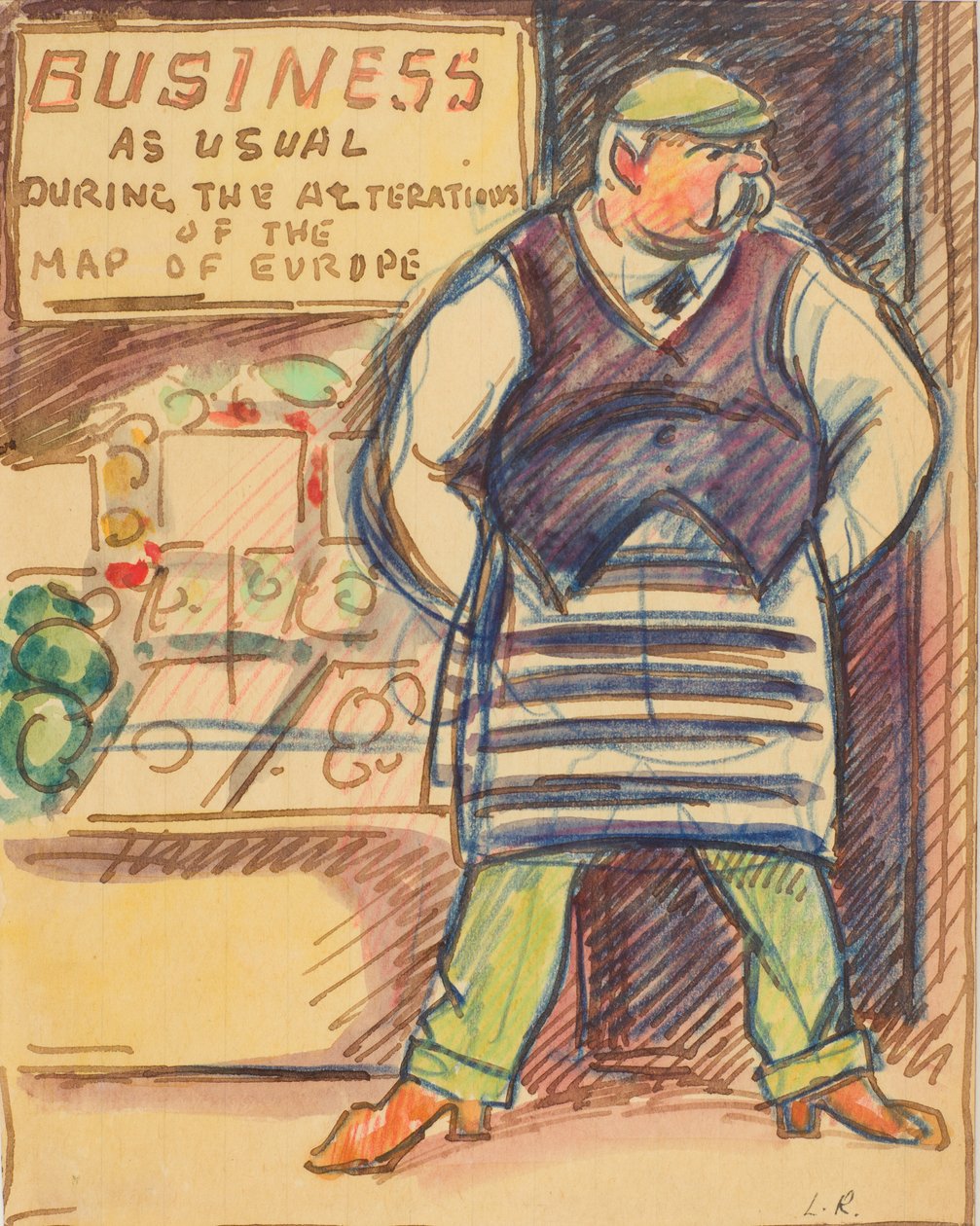 Toiminta kuten tavallista Euroopan kartan muutosten aikana, n. 1915 (akvarelli paperille) tekijältä Ludovic Rodolphe Pissarro