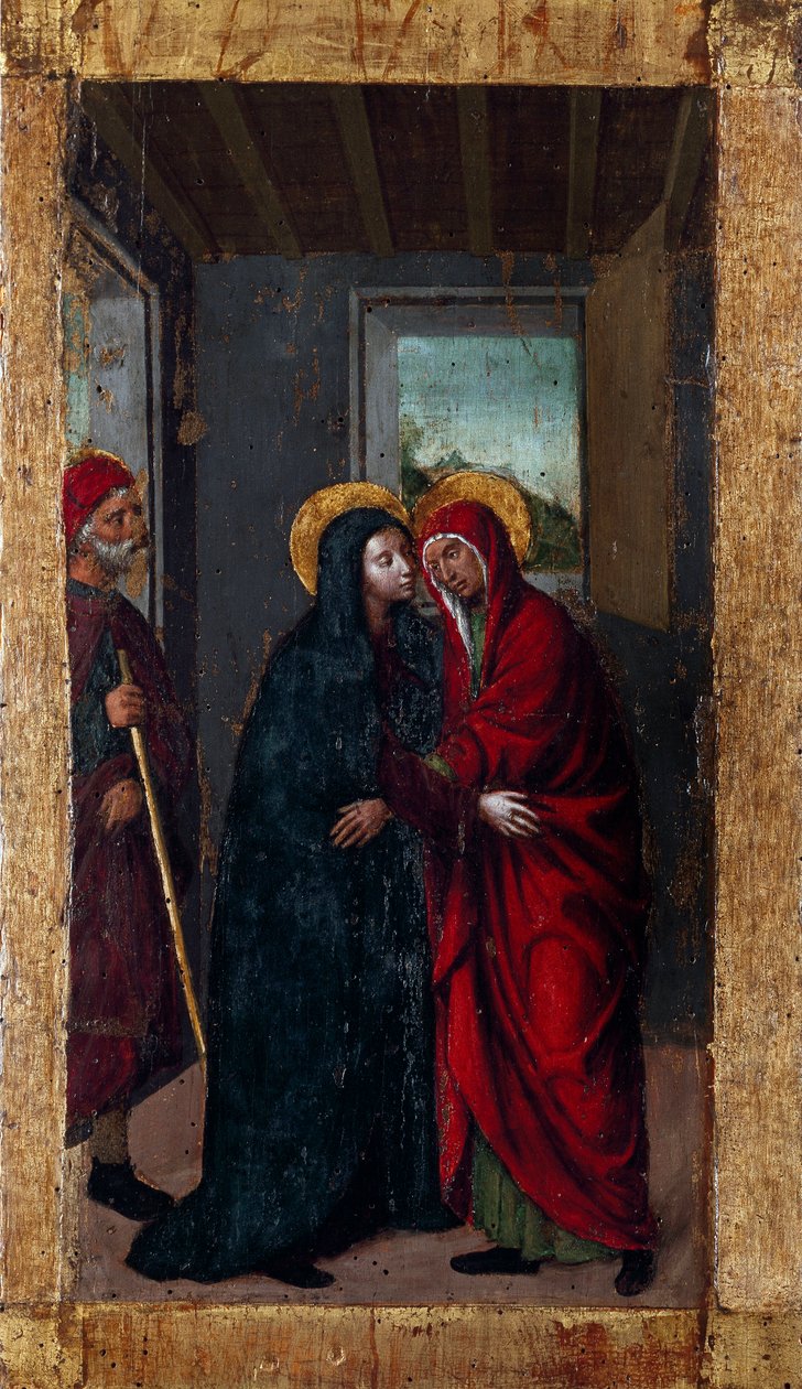 Neitsyen elämä: "" Vierailu"" Sarja "" Ruusukon mysteerit"" Ludovico Brean (Louis Brea) maalaus puulle (1450-1523) 1512-1513 Taggia, Museo del Convento di San Domenico Italia tekijältä Ludovico Brea