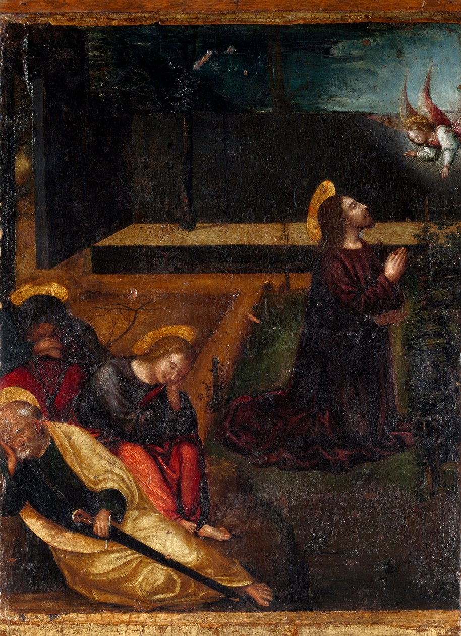 Rukous oliivipuutarhassa Sarja Ruusukkeen 15 mysteeristä. Puumaalaus Ludovico Brea (Louis Brea) (1450-1523) 1512-1513 Taggia, Museo del Convento di San Domenico, Italia tekijältä Ludovico Brea
