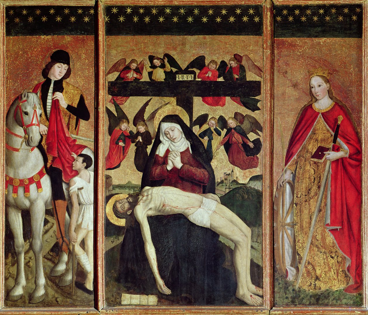 Triptyykki, joka kuvaa Pietaa Pyhän Martinin ja Pyhän Katariinan välillä, 1475 tekijältä Ludovico Brea