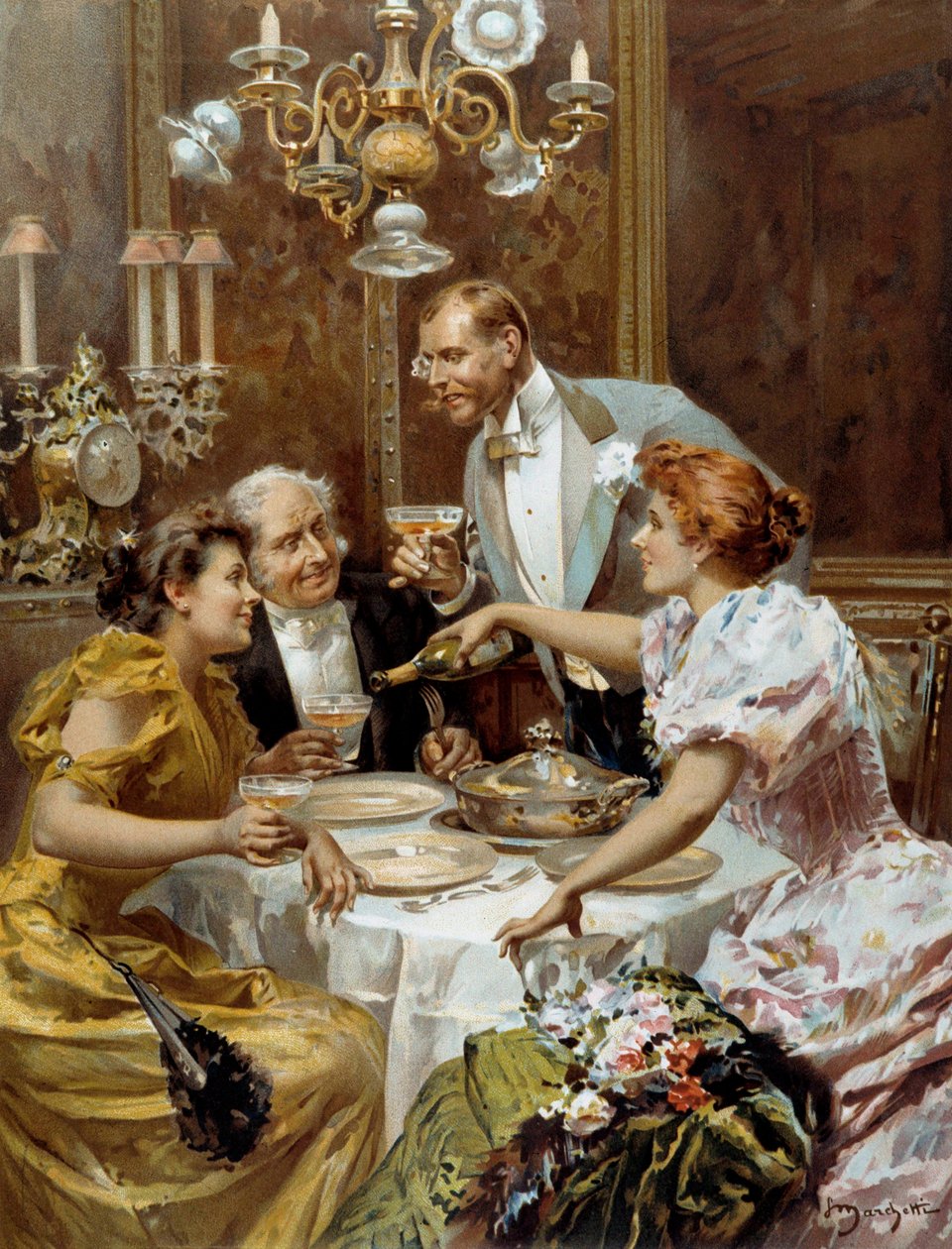 Kaunista aikaa: “” hieno illallinen”” Kaksi pariskuntaa yksityisessä loungessa juo samppanjaa. Kuvitus Ludovico Marchetti (1853-1909) 1893 Yksityinen kokoelma tekijältä Ludovico Marchetti