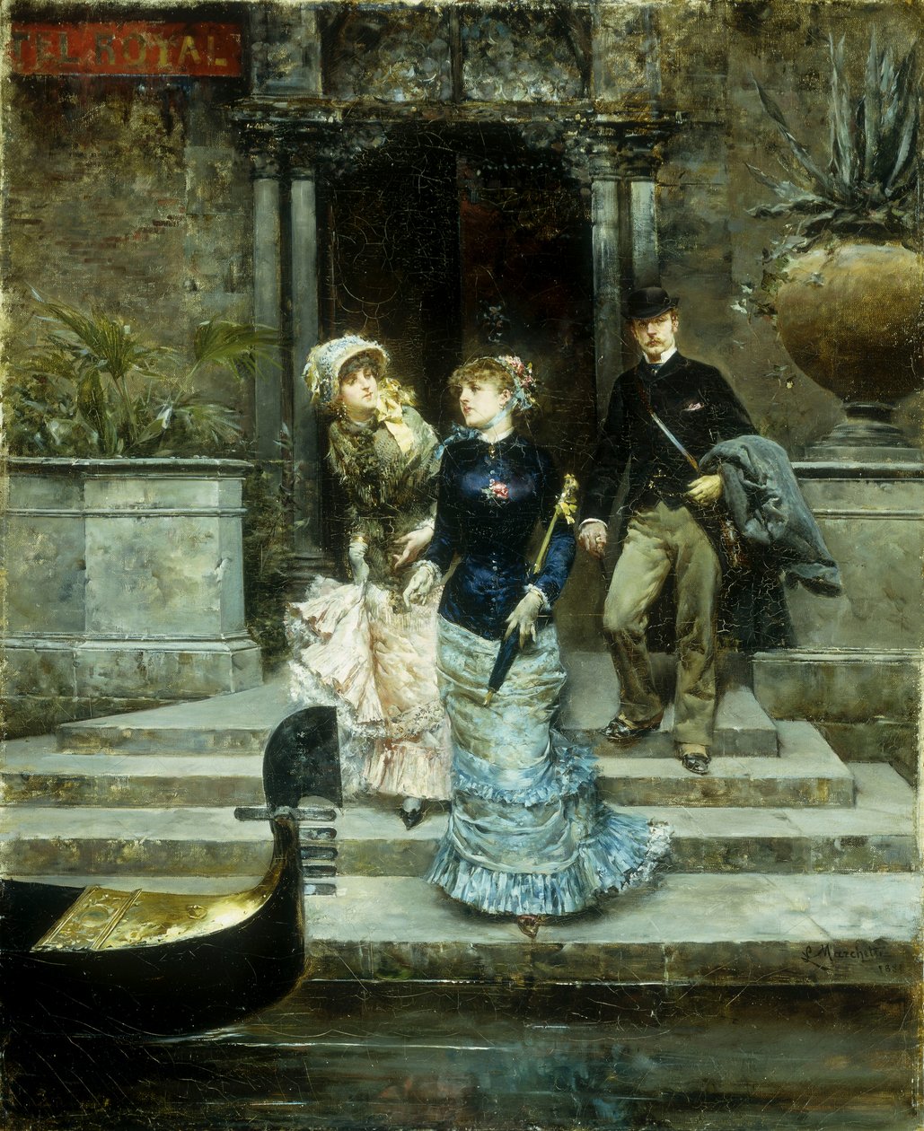 Lähtö hotellista Royal, Venetsia, 1881 tekijältä Ludovico Marchetti