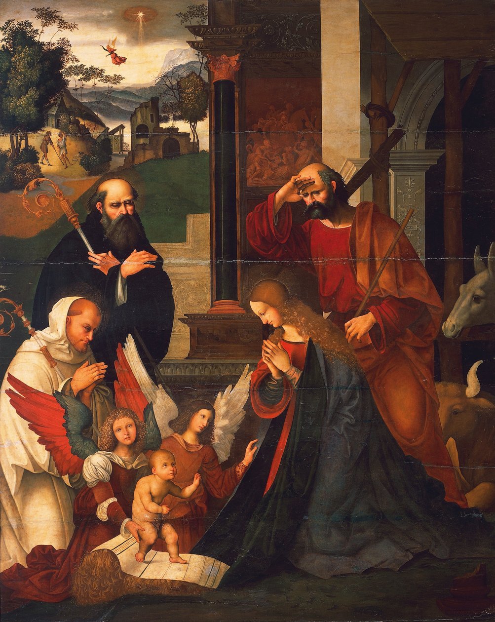 Seimi Pyhän Bernardin ja St Albericon kanssa, n. 1505-1510, kirjoittanut Ludovico Mazzolino (n. 1480-n. 1530), öljy kankaalle, 219x176 cm tekijältä Ludovico Mazzolino