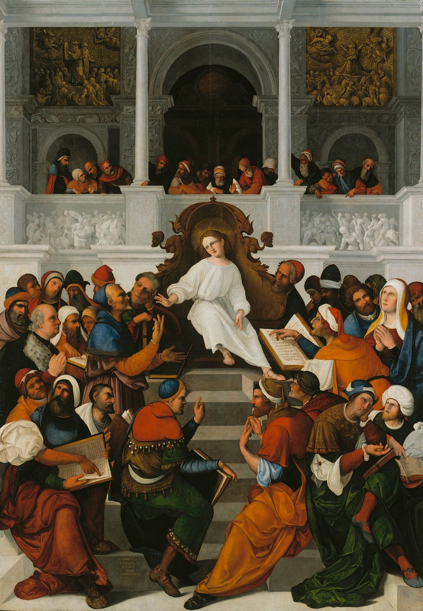 12-vuotias Jeesus opettaa temppelissä, 1524 tekijältä Ludovico Mazzolino