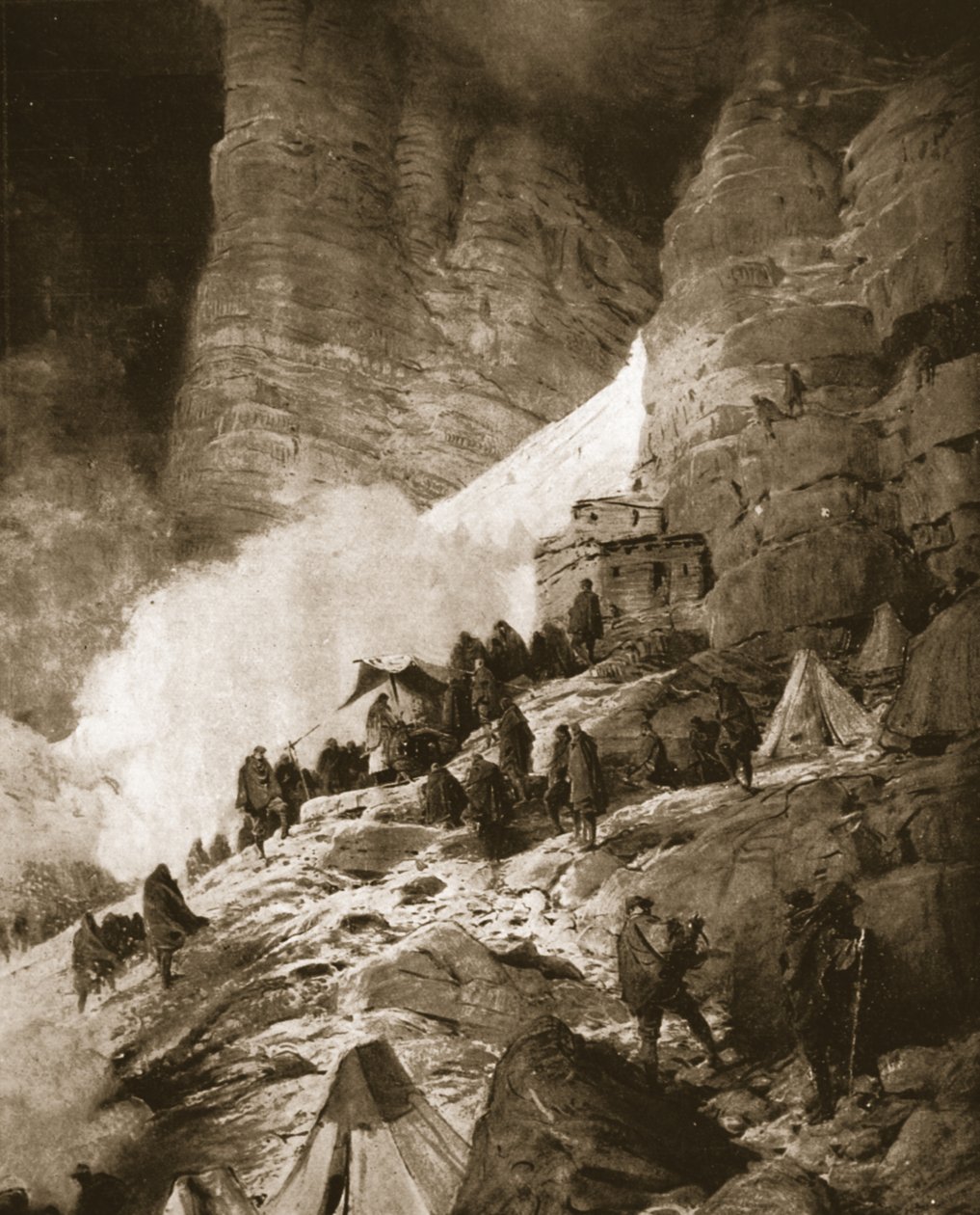 Italian alppisota Itävallan kanssa: messua vietetään vuoren rinteellä, kuvasta "The Illustrated War News", 21. kesäkuuta 1916 (litho) tekijältä Ludovico Pogliaghi