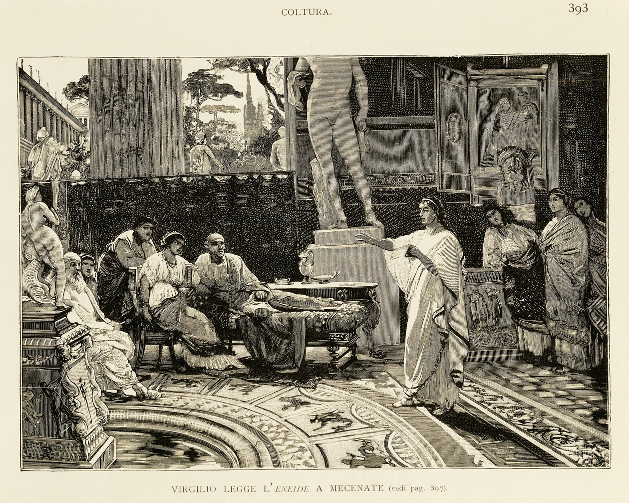 Maecenas kuuntelee Vergiliusa lukemassa Aeneisia, kuvitus Lodovico Pogliaghi (1857-1950) Rooman varhaishistoriaan, Francesco Bertolini (1836-1909), Fratelli Treves -painos, Milano tekijältä Ludovico Pogliaghi