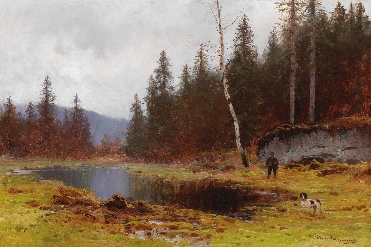 Metsästäjä lammen rannalla tekijältä Ludvig Skramstad